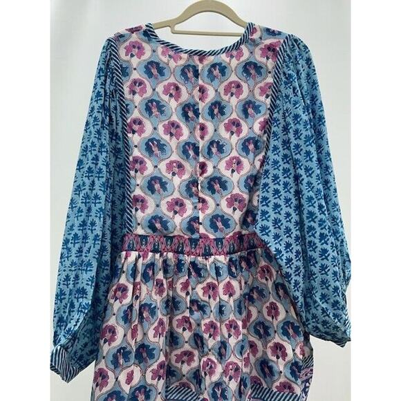 Oliphant Mini Dress Long Balloon Sleeves Tie Front Floral Fern Blue Small NWT - Picture 7 of 12